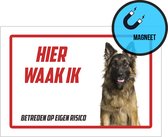 Waakbord/ magneet | "Hier waak ik" | Duitse herder | 30 x 20 cm | Dikte: 0,8 mm |Herdershond | Waakhond | Hond | Chien | Dog | Betreden op eigen risico | Rechthoek | Witte achtergrond | 1 stuk