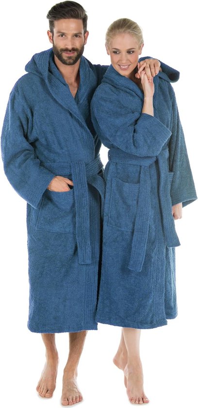 S-XXXL badjas met capuchon of sjaalkraag effen lange opgestikte zakken dames heren unisex warm badstof katoen