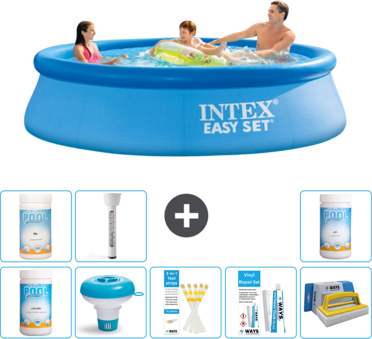 Intex Rond Opblaasbaar Easy Set Zwembad - 305 x 76 cm - Blauw - Inclusief Chloor - Chloordrijver - Testrips - Reparatiesetje - Scrubborstel - PH-waarde - PH-waarde - Thermometer