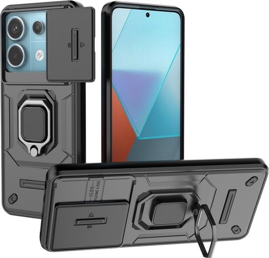 Foto: Hoesje met camera slider geschikt voor xiaomi redmi note 13 pro 5g back cover met standaard uitklapbare kickstand ring beschermhoes tpu magneet voor auto houder zwart