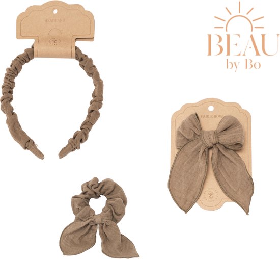 BEAU by Bo Mrs Ertha Haaraccessoires - Haarband + Scrunchie + Clip met strik - Olive