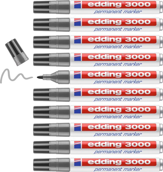 Tien grijze Edding 3000 permanente markers met open dop en grijze punt, schrijft een witte lijn.