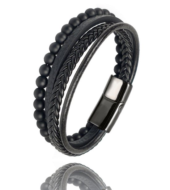 Leren armband zwart Niro leer 23cm - met magneet- Inclusief geschenkverpakking - Armbanden leer Mauro Vinci