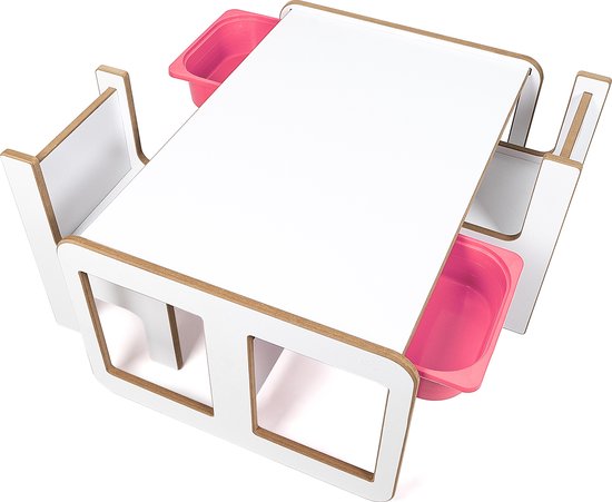 Industrial Living Kindertafel met 2 roze opberglades - Kinderbureau - Activiteitentafel - Speeltafel met 2 kinderstoelen - Tekentafel - Hout - Wit