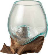 J-Line vaas op voet Gamal - hout/glas - naturel/transparant - small - Ø 10 cm