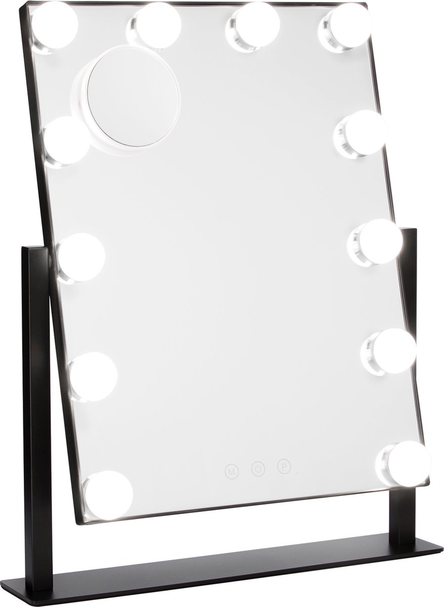Behave Hollywood Make Up spiegel met Verlichting - 12 LED bronnen - 3 Kleurstanden - Dimbaar - Incl USB kabel - 10x precisie spiegel - 44 x 35 cm - Zwart