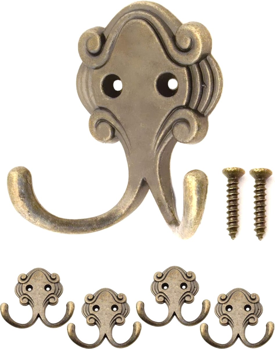 MGM Trading Antieke dubbele haken, garderobehaken, handdoekhaken, kledinghaken, ijzeren haken in messing bronzen design, vintage landhuis retro, set van 4