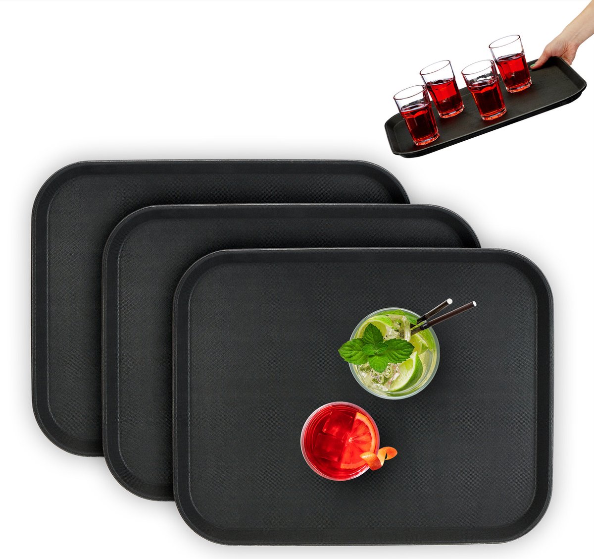 horeca dienblad - set van 3 - antislip - opstaande rand - rechthoekig - 46 x 35 cm