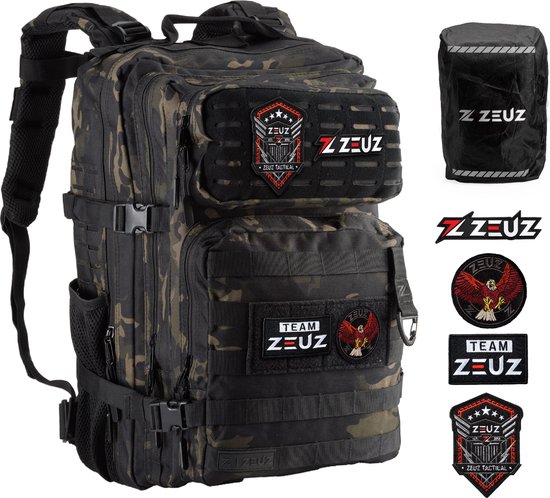 ZEUZ Sac à Dos Tactique Dames & Heren pour Fitness & CrossFit - Backpack - Sac de Sport - Sac Militaire Army - Sport Tas - 45 Litres - Camo Noir