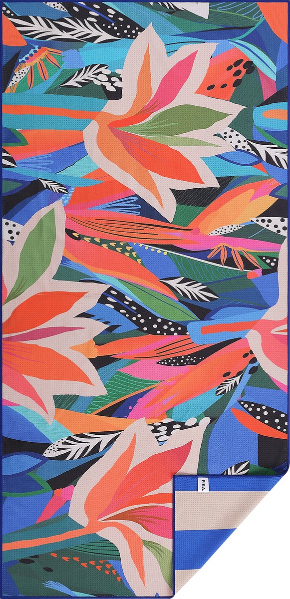 F I K A.® - Strandlaken – 80x160 cm – luxe microvezel strandhanddoek – badhanddoek – reishanddoek – dubbelzijdig – blauw/oranje/beige – strepen/bloemen patroon – sneldrogend - Cadeau voor vrouwen - Valentijn cadeau