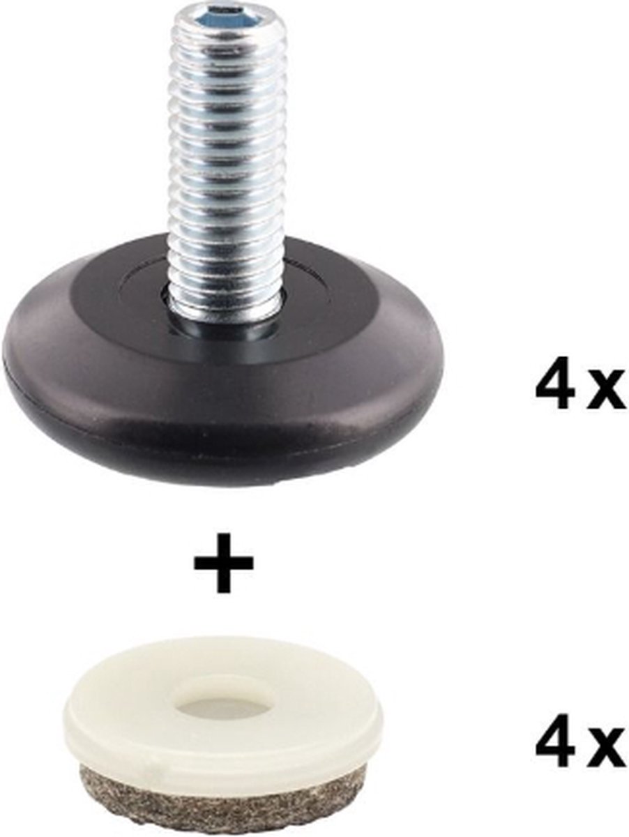 Stelvoet M10 inclusief vilten insert model 3, per 4 stuks verpakt. Deze stelvoet helpt bij het nivelleren van een tafel, bank of kast. Vaste uitvoering