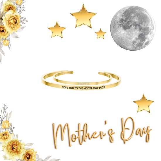 Cadeau voor haar Key Moments 8KM SET001 Stalen Open Bangles met Tekst - Love You to The Moon and Back en Princess - Maat S en M - Cadeau voor haar - Moederdag -- Goudkleurig