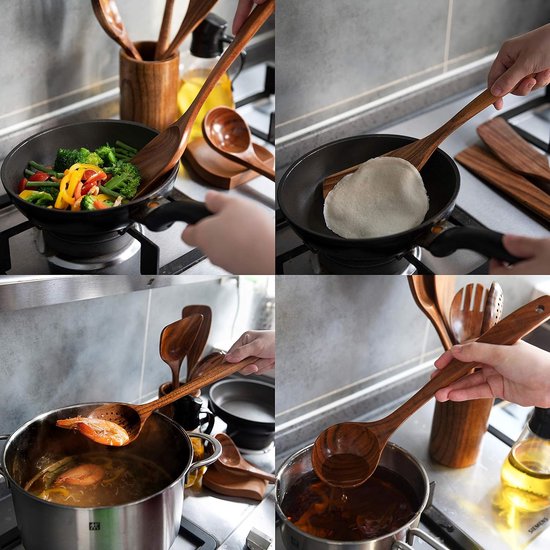 Gudamaye 33 cm lange houten gebruiksvoorwerpen om te koken, lange steel houten lepels, spatel set, 7 PCES Crafting houten lepel Set, Houten keukengerei set, natuurlijke teak houten gebruiksvoorwerpen