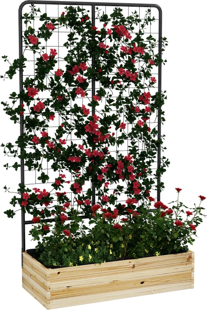 Plantenbak met klimrek - Bloembak - Weerbestendig - Met trellis - Buiten - Hout - Plantenrek - Rechthoekig - 59 Liter - Zwart
