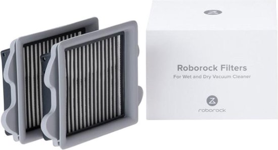 Twee Roborock filters voor nat- en droogzuiger, met grijs frame en zwart filtermateriaal, naast een witte doos met Roborock logo.