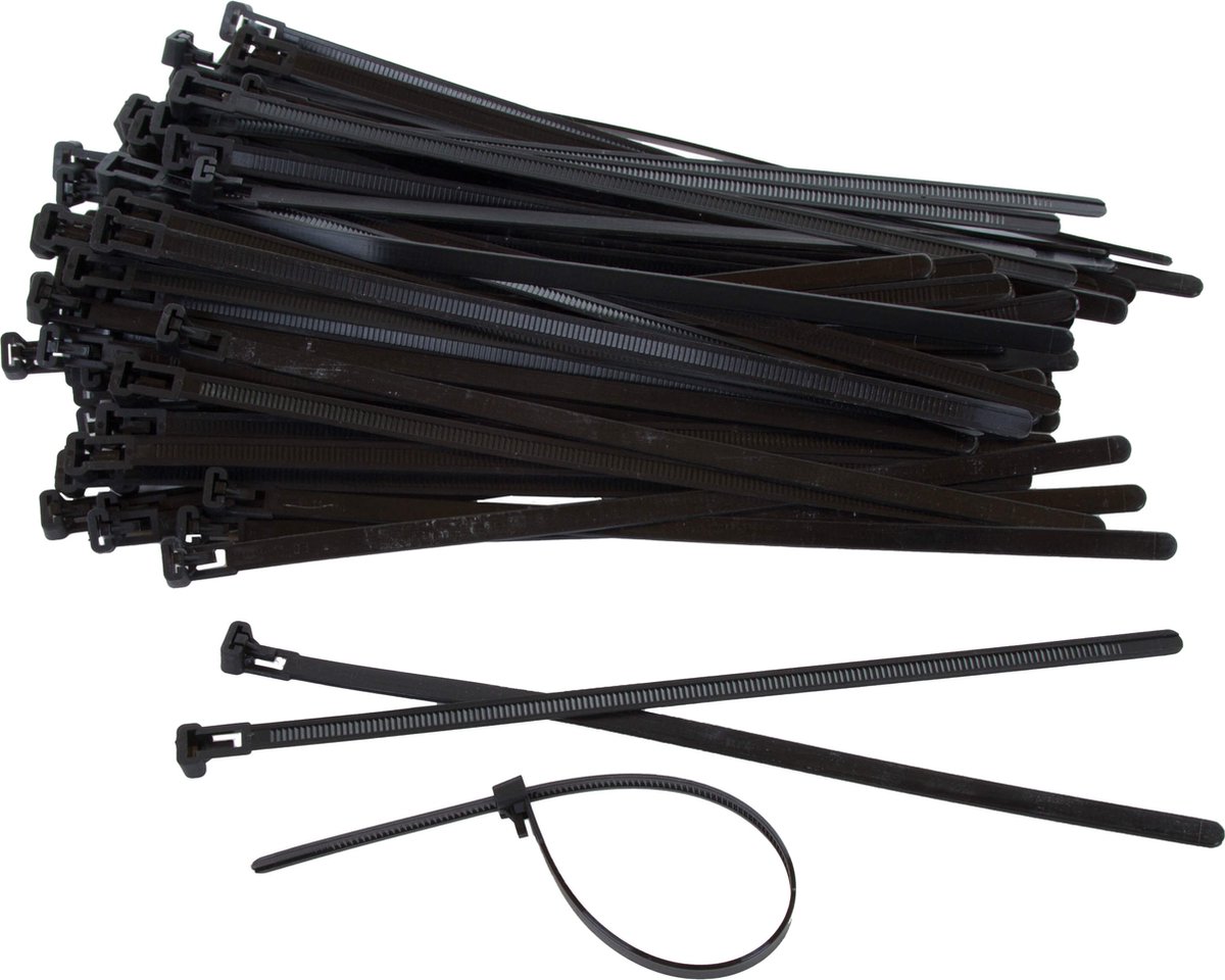 Kortpack - Hersluitbare Kabelbinders/Tyraps - 380mm lang x 4.8mm breed - Zwart - 1000 stuks - Treksterkte: 22.2KG - Bundeldiameter: 102mm - Bundelbandjes - (099.0497)
