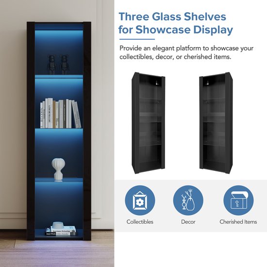 Sweiko Vitrine noire brillante avec éclairage LED, 3 compartiments en verre, 55*38*166 cm, vitrine, armoire sur pied, armoire haute, armoire de rangement