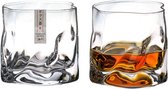 NewWave® - Whiskey Glazen Japans Design - Set van 2 Met Houten Geschenkdoos - Japanse Edo Designer - Modern Design - Crystal Cup - Assimetrical