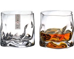 NewWave® - Whiskey Glazen Japans Design - Set van 2 Met Houten Geschenkdoos - Japanse Edo Designer - Modern Design - Crystal Cup - Assimetrical Image