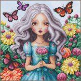 LanArte Meisje met dahlia's en vlinders borduren (pakket) PN-0206839