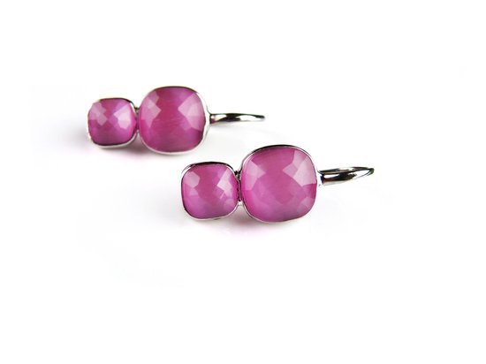 Zilveren oorringen oorbellen dubbele steen fushia roze