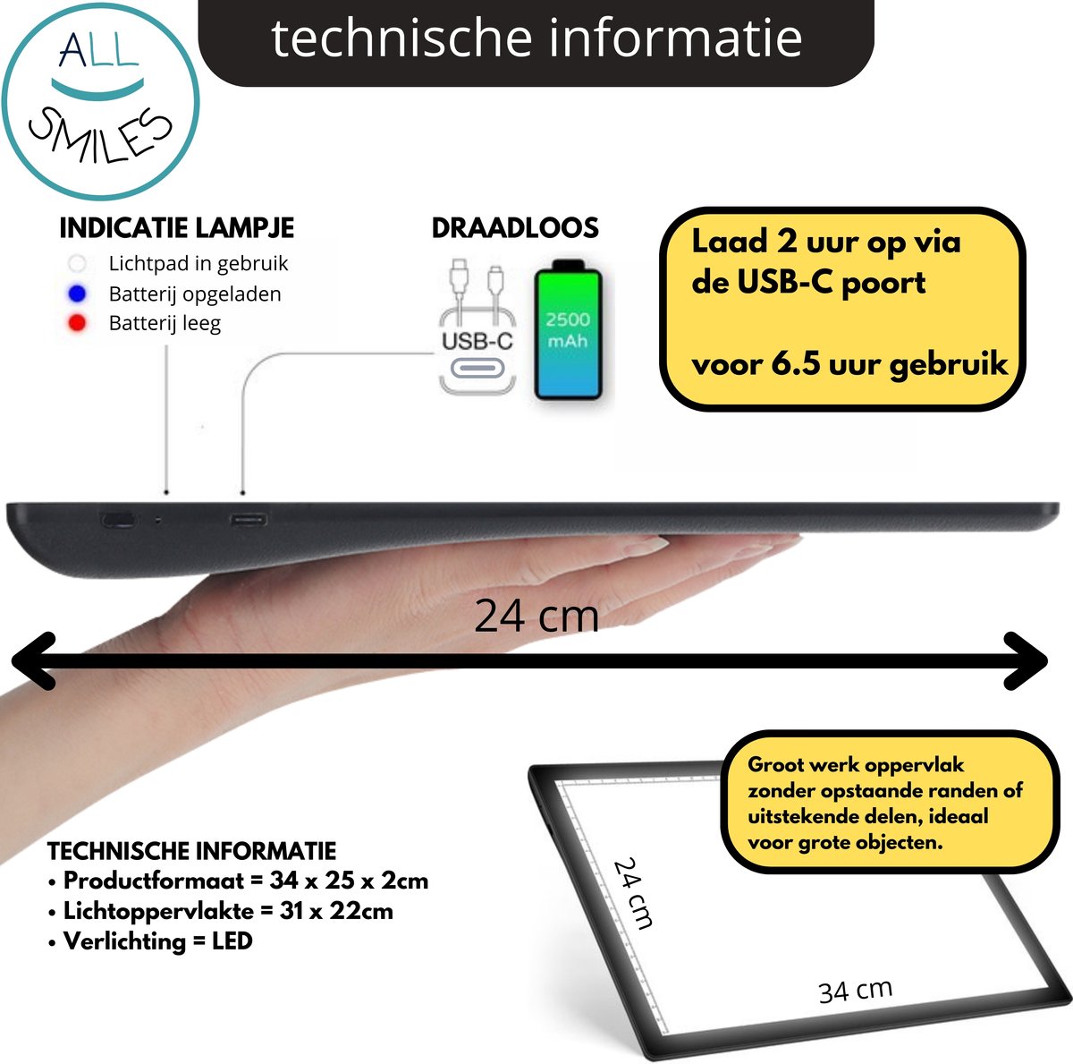 A4 Lightpad Lichtbak Diamond Painting Volwassenen | USB Dimbaar | All Smiles Premium XL Tekenbord | Tekenen Schetsen Hobby — afbeelding 11