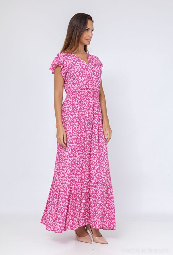 Lange dames maxi jurk Tess gebloemd motief azalia roze paars oranje strandjurk S/M
