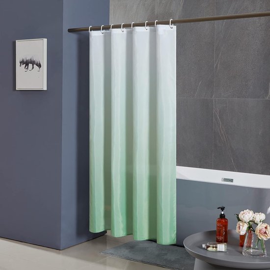 Douchegordijn, schimmelwerend, waterdicht en wasbaar, badkamergordijn voor bad en douche, textiel, wit naar groen, 100 x 200 cm, met 6 douchegordijnringen.