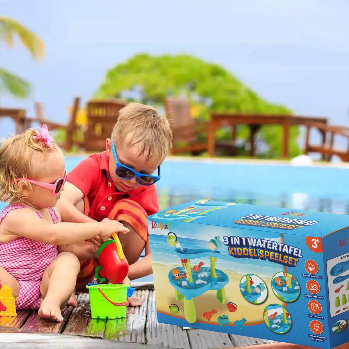 Kiddel 3-in-1 Watertafel, Zandtafel & Speeltafel – Inclusief Accessoires – Educatief Buitenspeelgoed voor Kinderen – Zomer Speelgoed voor Jongens & Meisjes vanaf 3 Jaar — afbeelding 7