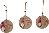 Kersthangers van hout - Set van 12 x houten kerstballen met gnooms - 9,5 x 10cm - reliëf - 3 assortie x 4 stuks - Kerstboomversiering ornamenten van hout met kabouters
