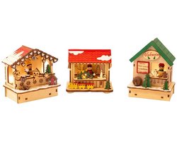 Small Foot - Houten Decoratie Kerstmarkt met Lampjes, Set van 3