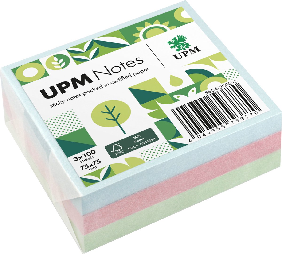 UPM sticky notes - 3 x 100 vel - 75x75mm - pastel kleuren blauw, roze, groen - IN-5654-20PG-3