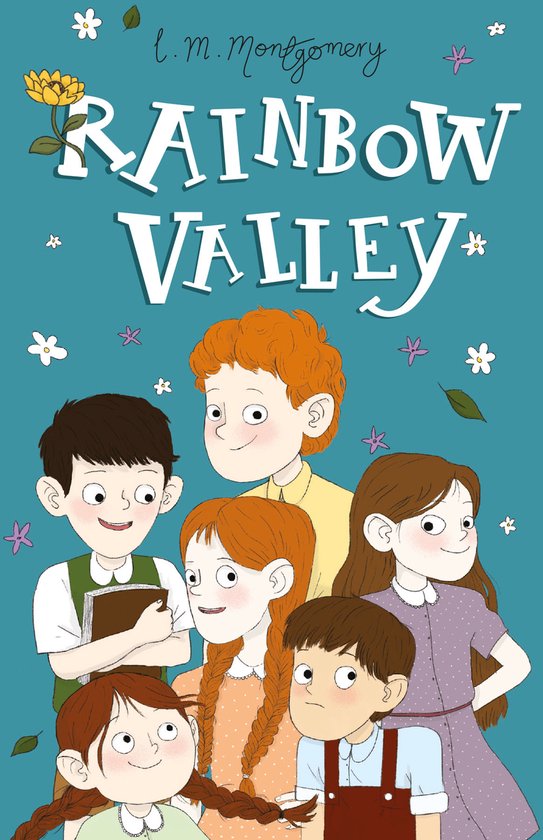 Boekcover van "Rainbow Valley" met vijf kinderen en bloemen.