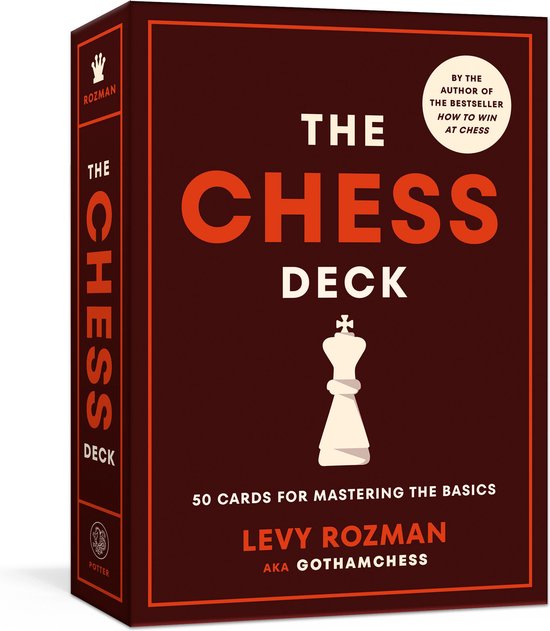 De kaft van 'The Chess Deck' met de tekst '50 kaarten om de basis te leren' en een schaakstuk.