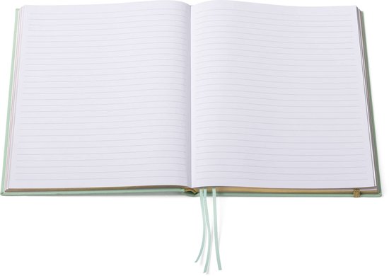 Een opengeslagen lichtgroen notitieboek met lijntjespapier, drie lintlinten en gouden randen.