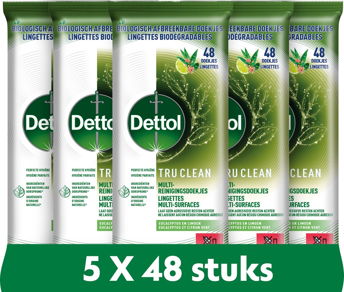 Goedkoopste Dettol Lingettes Biodégradable Tru Clean Eucalyptus & Lime - 48 - 5 Stuks - Voordeelverpakking
