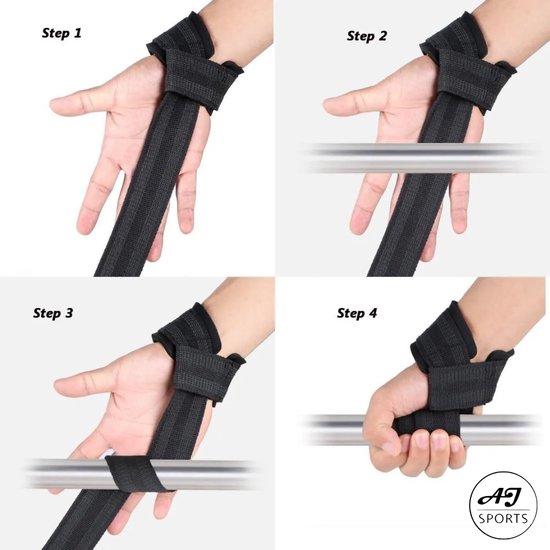 AJ-Sports Lifting straps - Wrist wraps - Straps fitness - Lifting grips - Deadlift straps - 2 stuks - Fitness - Krachttraining - Zwart
