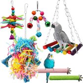 Papegaaienspeelgoed, kauwspeelgoed, vogelspeelgoed, houten papegaaienspeelgoed, natuurlijk hout, hangende bel, vogelspeelgoed, houten zitstokken, platform, schommel, zitplaats, houten ladder