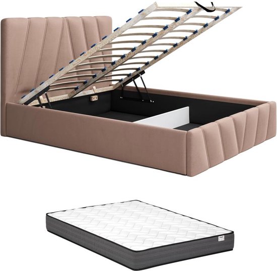 PASCAL MORABITO Bed met opbergruimte 140 x 190 cm - Fluweel - Beige + matras - LIDAMA van Pascal Morabito L 153 cm x H 104 cm x D 200 cm
