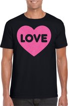 Bellatio Decorations Gay Pride T-shirt voor heren - liefde/love - zwart - roze glitter hart - LHBTI XXL
