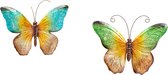 Anna Collection Wanddecoratie vlinders - 2x - blauw/groen - 32 x 24 cm - metaal - muurdecoratie - tuin beelden van dieren