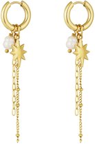 Joy Ibiza - boucles d'oreilles charm étoile - boucles d'oreilles avec pendentifs et chaînes - perle blanche - charnière pliante - ear party boho - style bohème - acier inoxydable - plaqué or IP/PVD