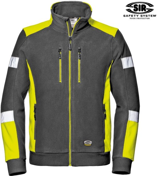 Foto: Sir safety comfort fleece werkfleece heren werkjas grijs geel polyester microfleece 310 g m full zip reflecterende details elastische boorden
