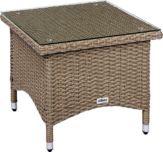 STILISTA Tuintafel - Bijzettafel - Wicker - Rotan - 50 x 50 cm - Met Glasplaat - Creme