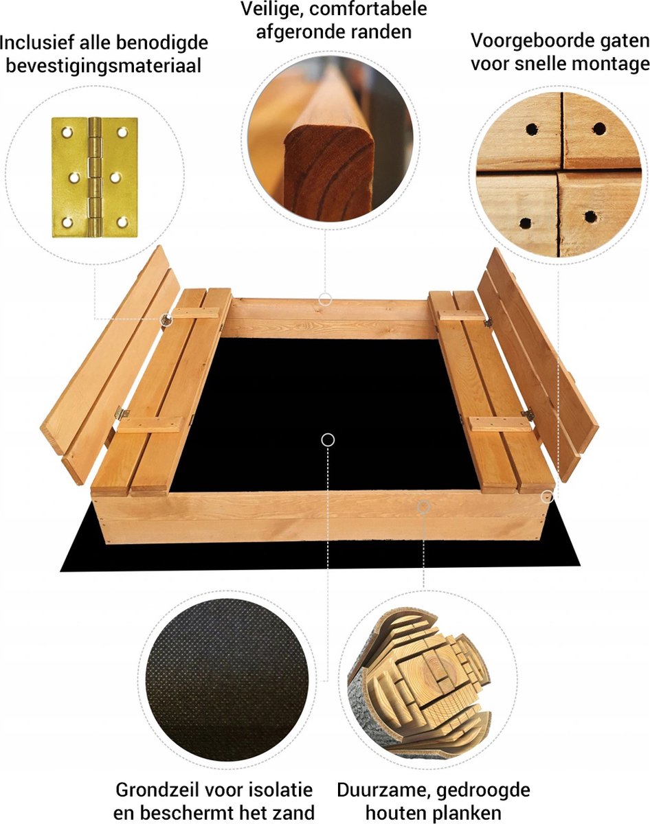 Afsluitbare XL Zandbak met Banken 140x140 cm – Gecertificeerd & Geïmpregneerd Hout | Incl. AFDEKZEIL & GRONDDOEK | Voor 2-3 Kinderen — afbeelding 12