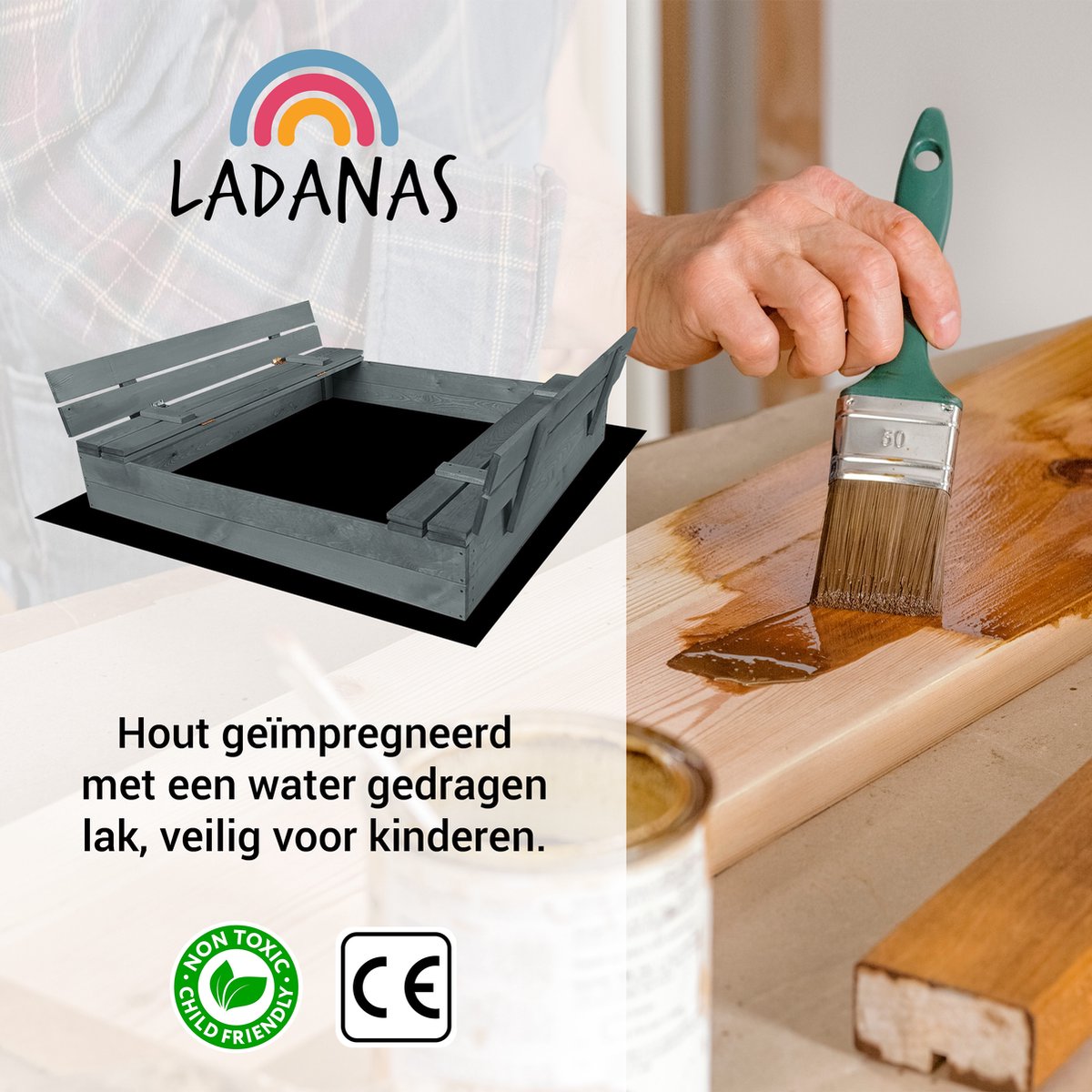 Afsluitbare Zandbak met Banken 120x120 cm – Gecertificeerd & Geïmpregneerd in Grijs | Incl. AFDEKZEIL & GRONDDOEK | Voor 1-2 Kinderen — afbeelding 6
