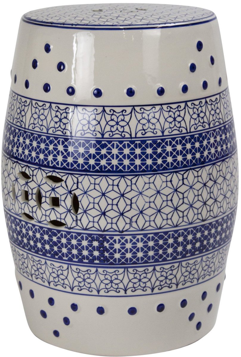 Fine Asianliving Keramische Kruk Blauw Wit Geo Dots Handgemaakt D33xH46cm Keramiek Bijzettafel Porselein Stoel Tuinkruk