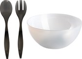 Plasticforte Salade/sla serveerschaal - transparant - kunststof - D28 cm - met sla bestek - grijs - 29 cm