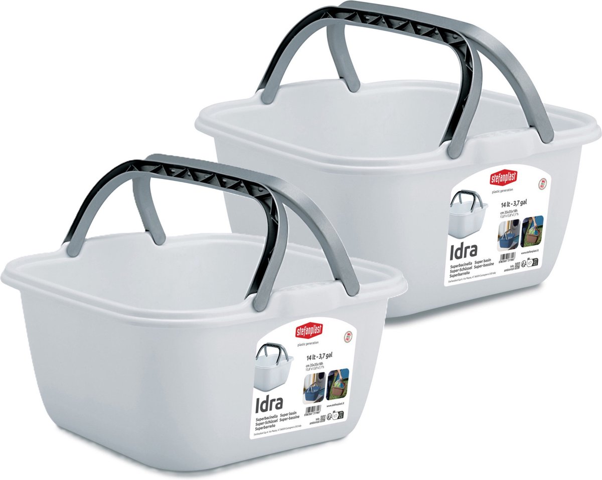 Goedkoopste Stefanplast Wasmand/draagmand/teil met hengsel - 2x - kunststof - 14 Liter - wit - 35 x 35 x 18 cm - Schoonmaak/huishoud teilen