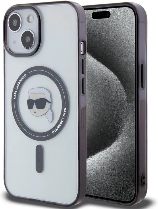 Coque rigide transparente avec logo tête de Karl Lagerfeld, compatible MagSafe, à côté d'un iPhone 15 avec écran.